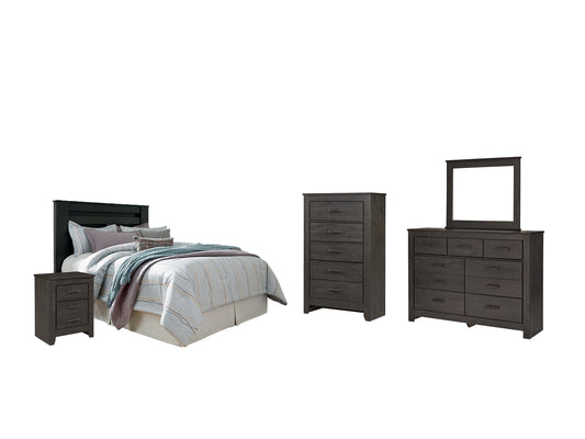 Brinxton King/California King Panel Headboard Bed with Mirrored Dresser, Chest and Nightstand