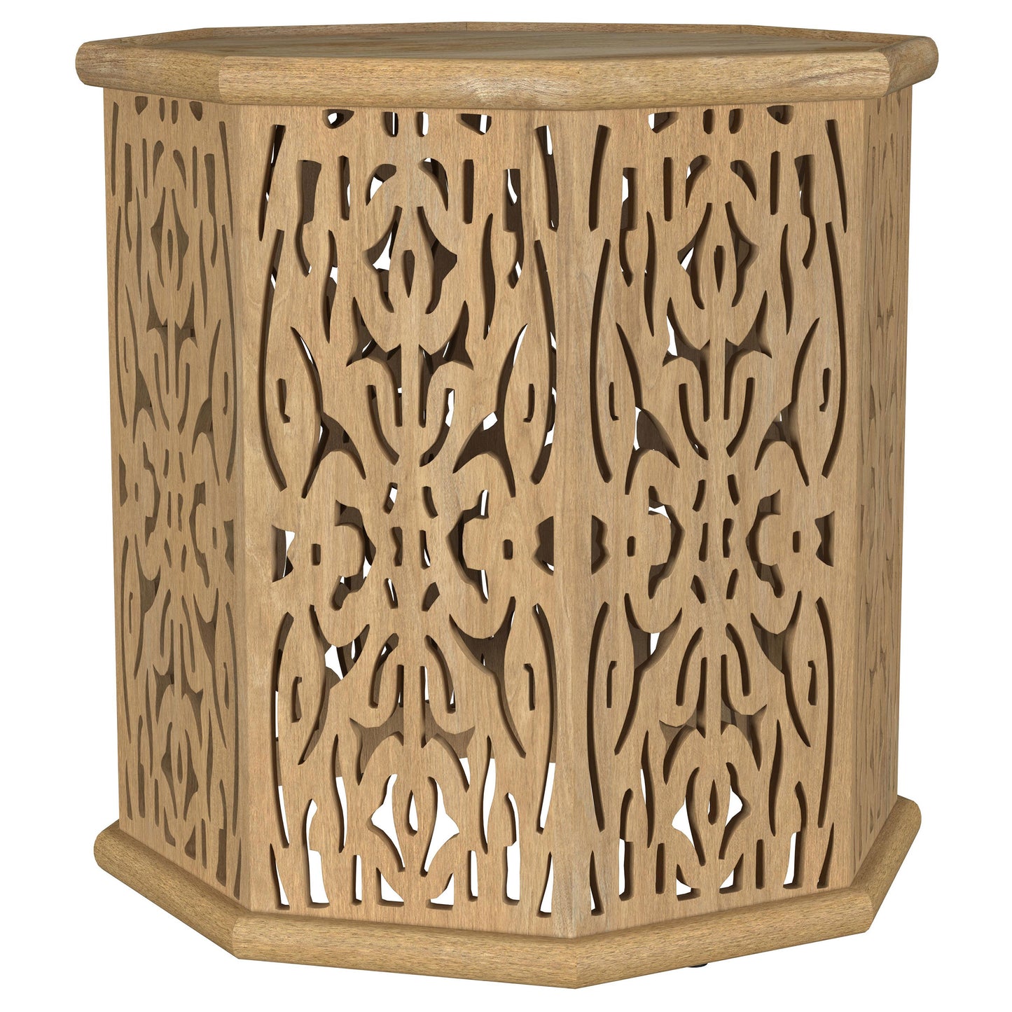 Torres Octagonal Solid Wood Side Table with Intricate Openwork Carvings Natural Brown