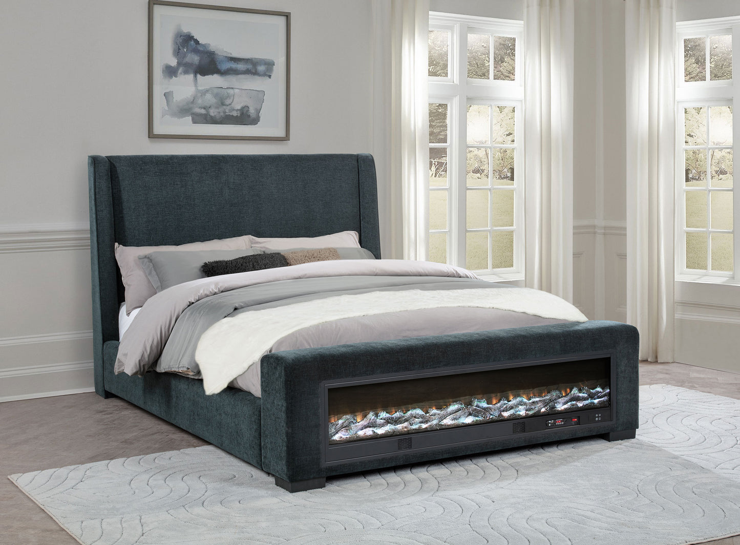 Preston Upholstered Queen Audio Flame Visualizer Bed Dark Blue