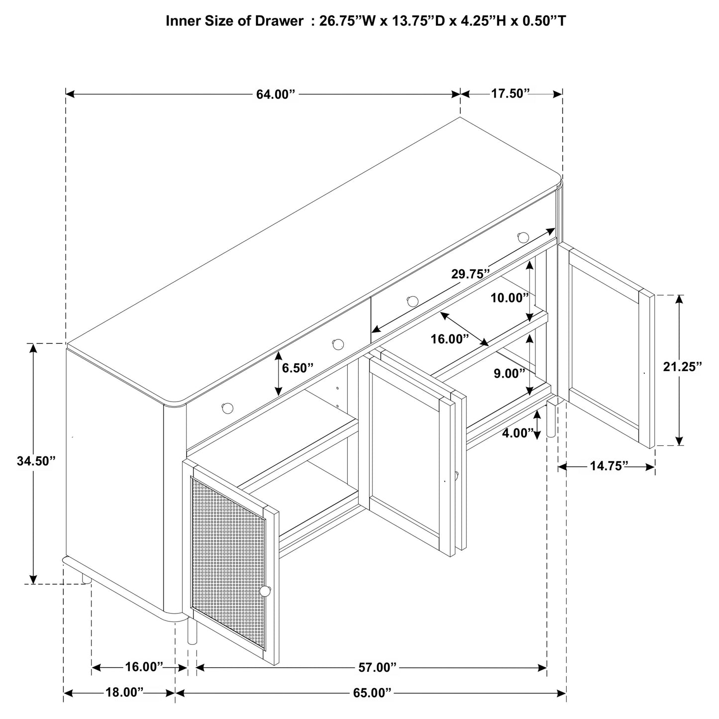 Arini 2-drawer Cane Door Dining Sideboard Server Black