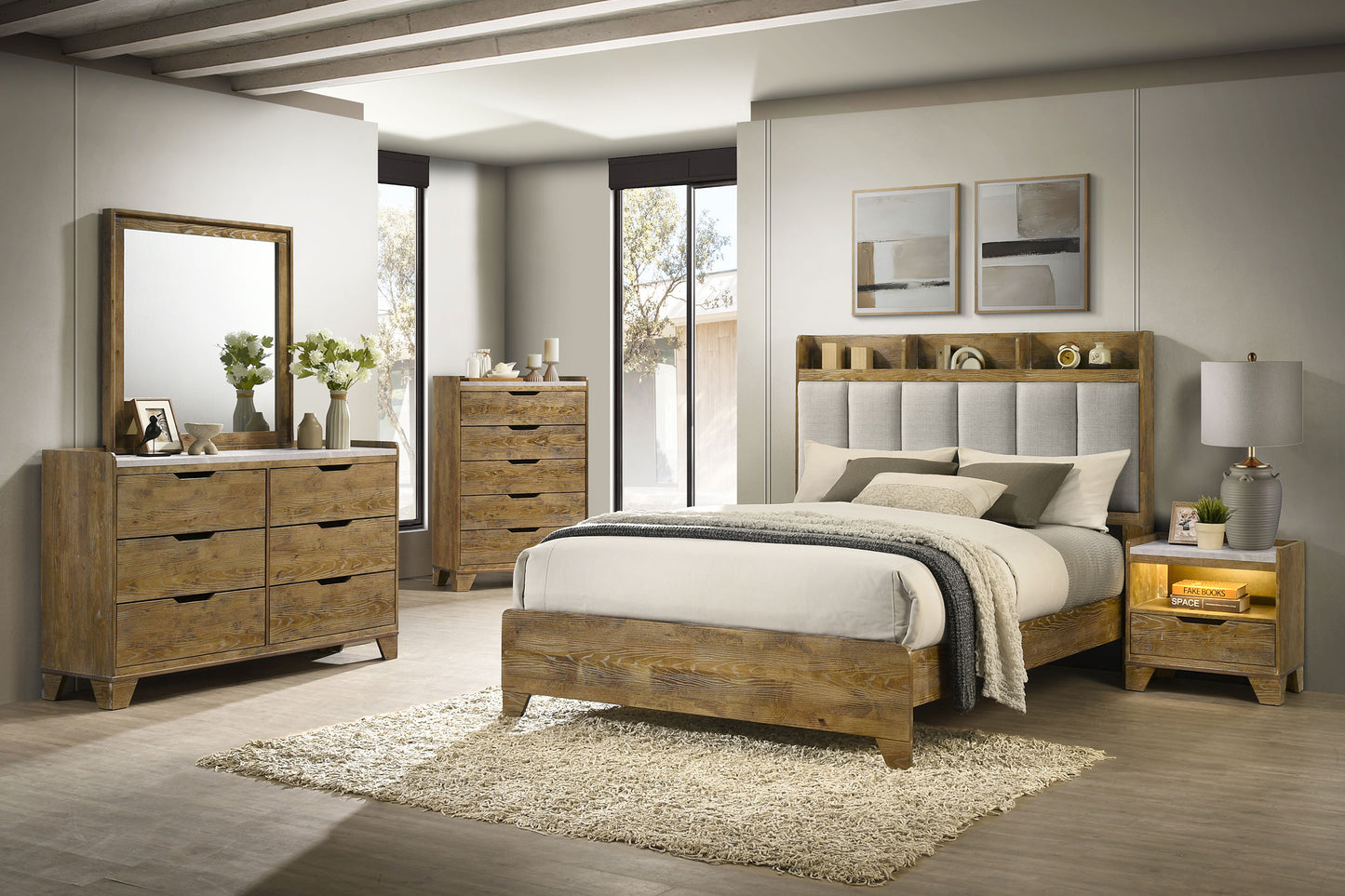 Henderson 57-inch Queen Bookcase Panel Bed Medium Oak