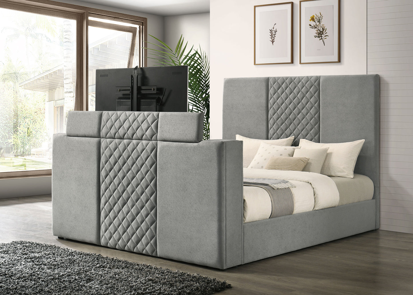 Tara 61-inch Upholstered Eastern King Panel TV Bed Grey