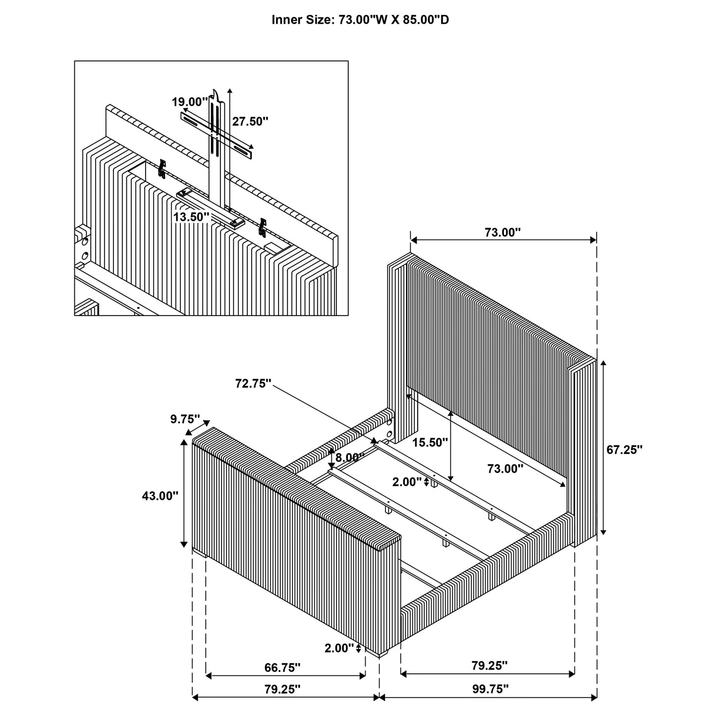 Centergrove Upholstered California King Wingback TV Bed Black