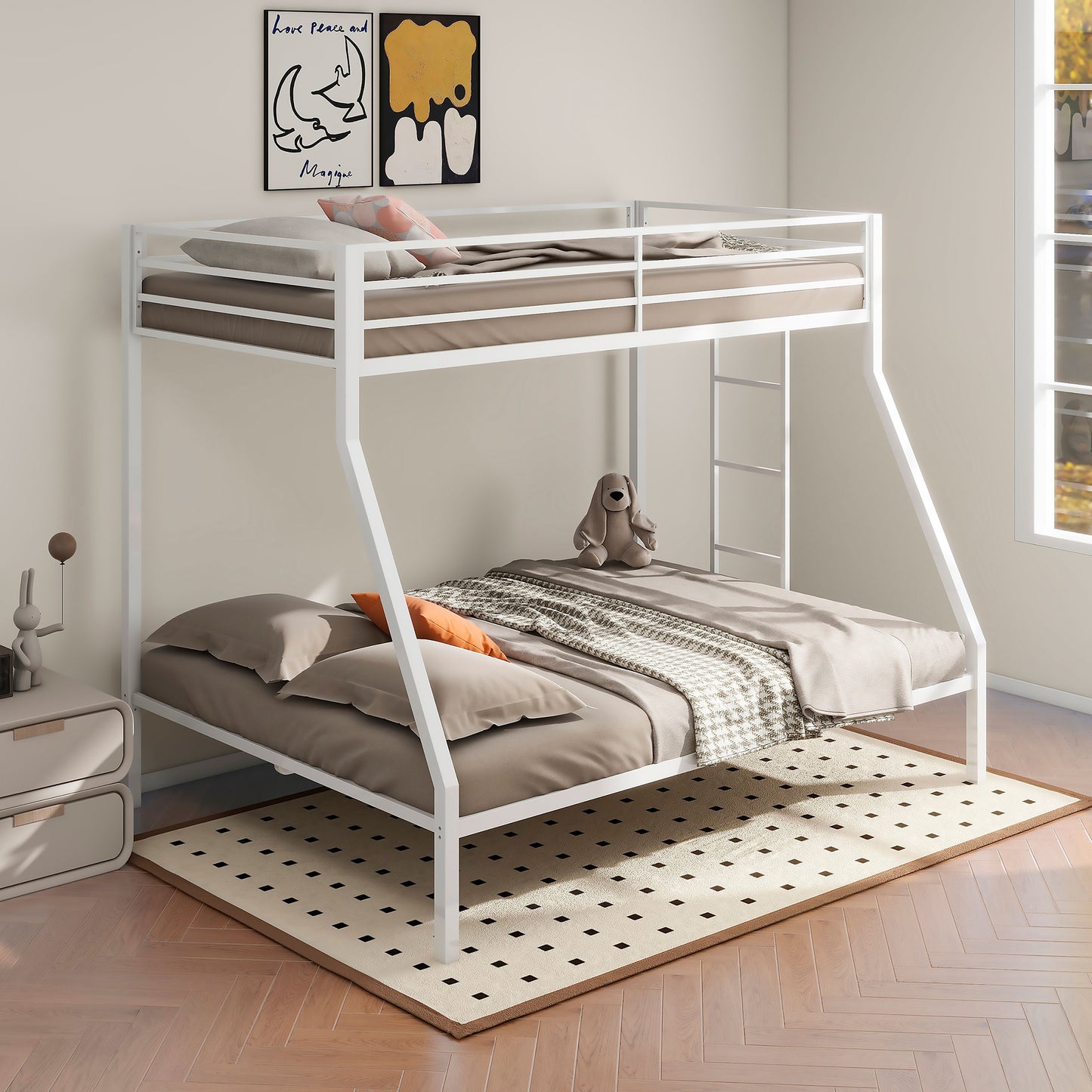 Alevera Metal Twin Over Full Bunk Bed with Ladder White