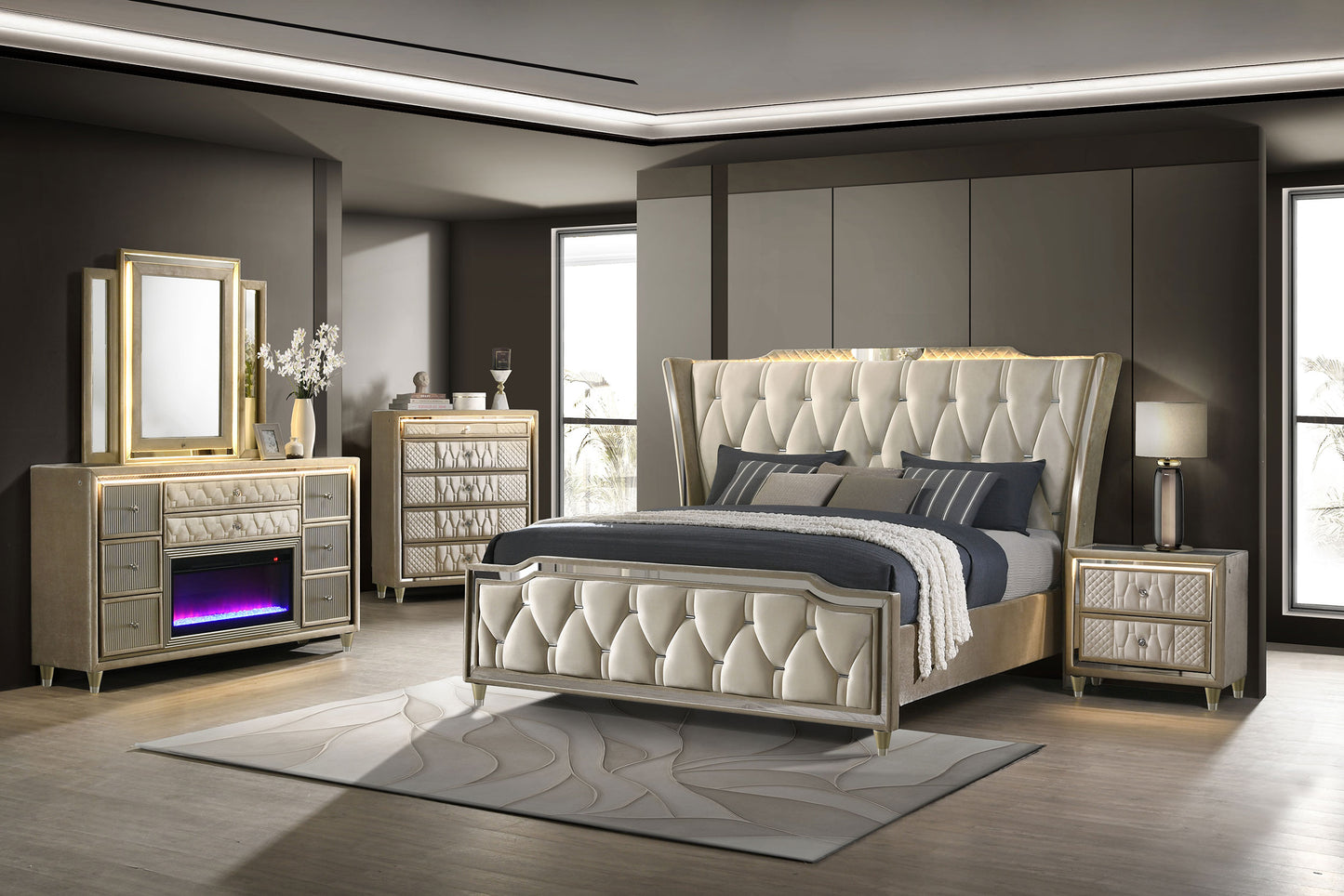 Lorient Queen LED Upholstered Wingback Bed Ivory and Camel