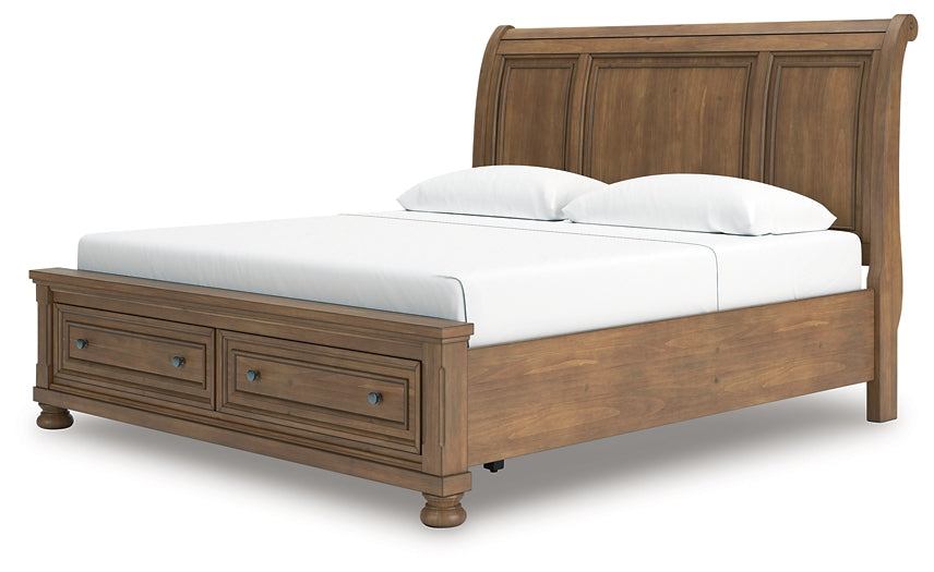 Feddinger King Storage Sleigh Bed with Mirrored Dresser and Nightstand