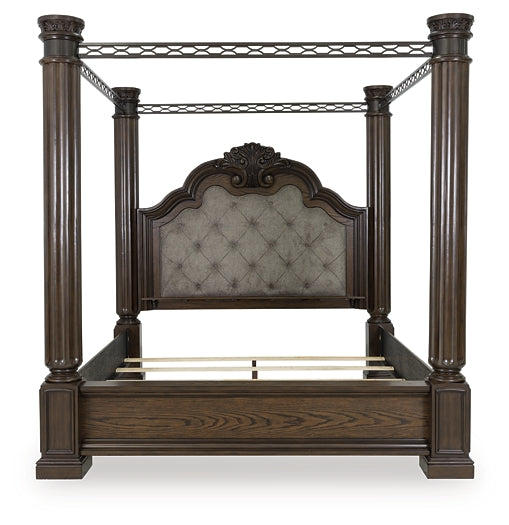 Maylee King Canopy Bed with Mirrored Dresser and Nightstand