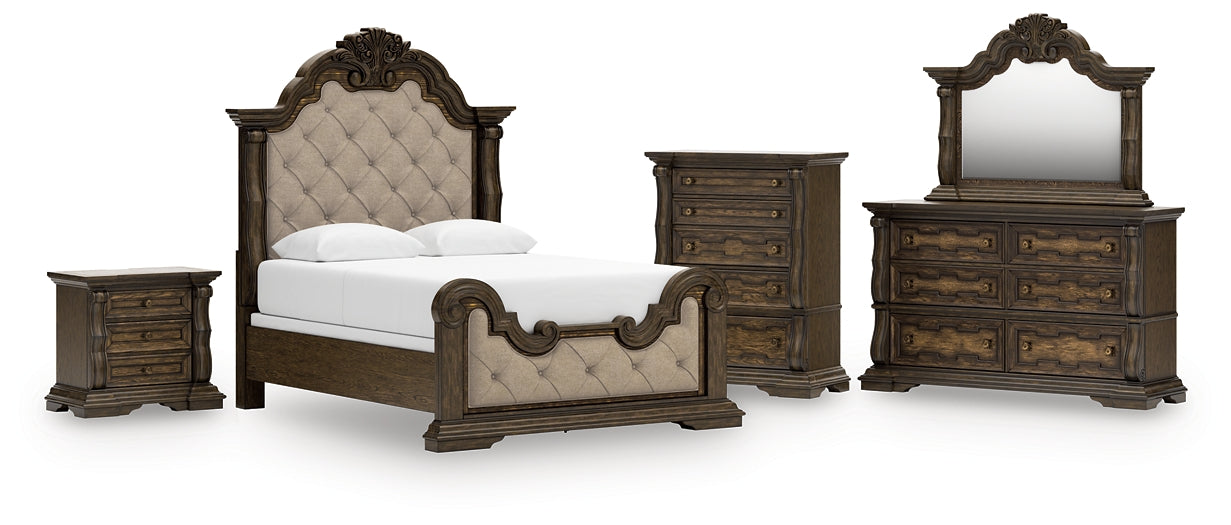Maylee Queen Upholstered Bed with Mirrored Dresser, Chest and Nightstand