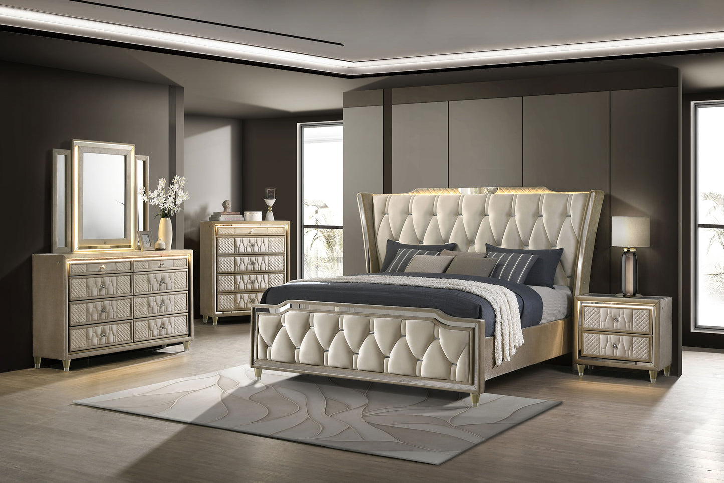 Lorient 8-drawer LED Bedroom Dresser Cabinet Ivory and Camel
