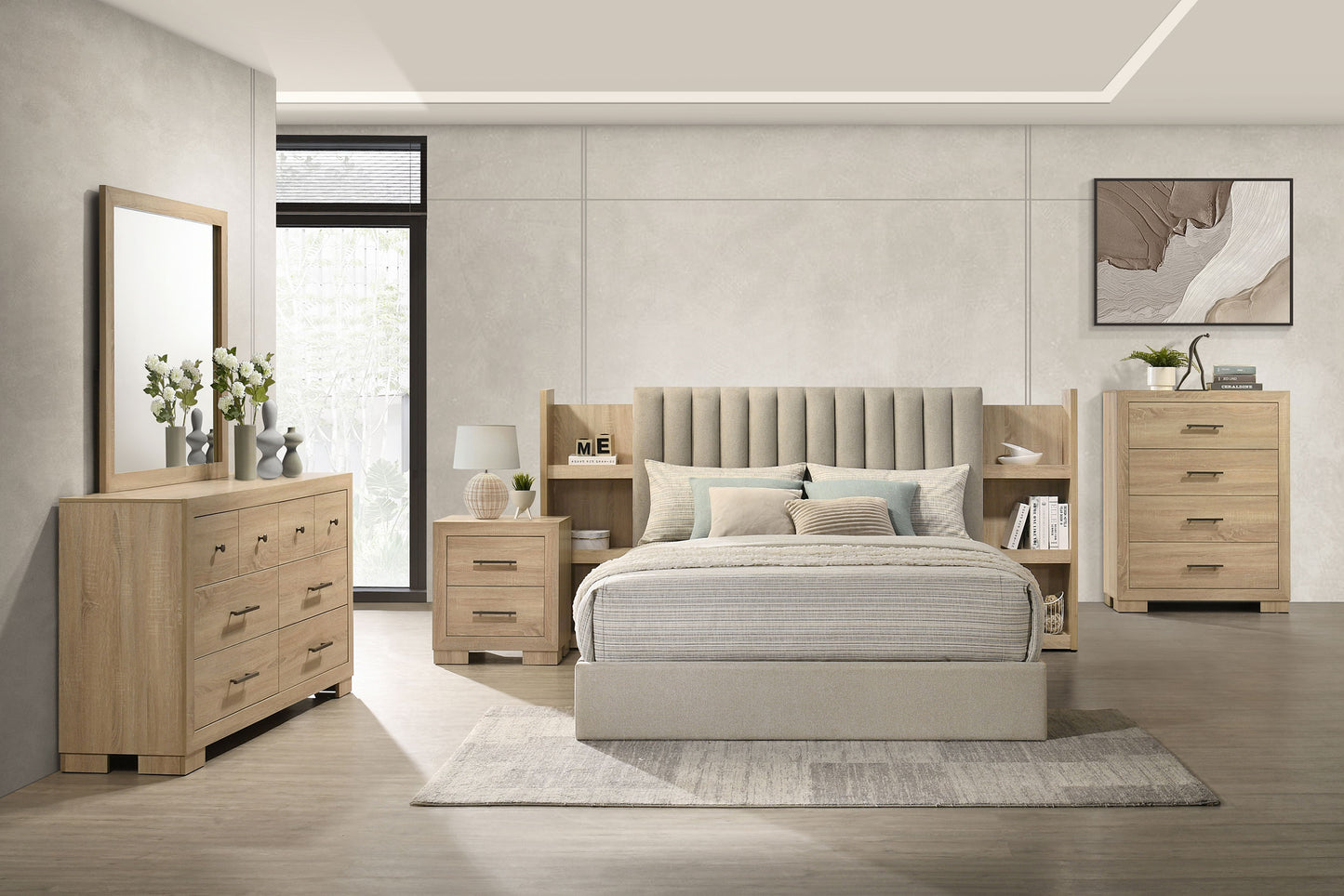 Arielle Eastern King Bookcase Panel Storage Bed Light Oak