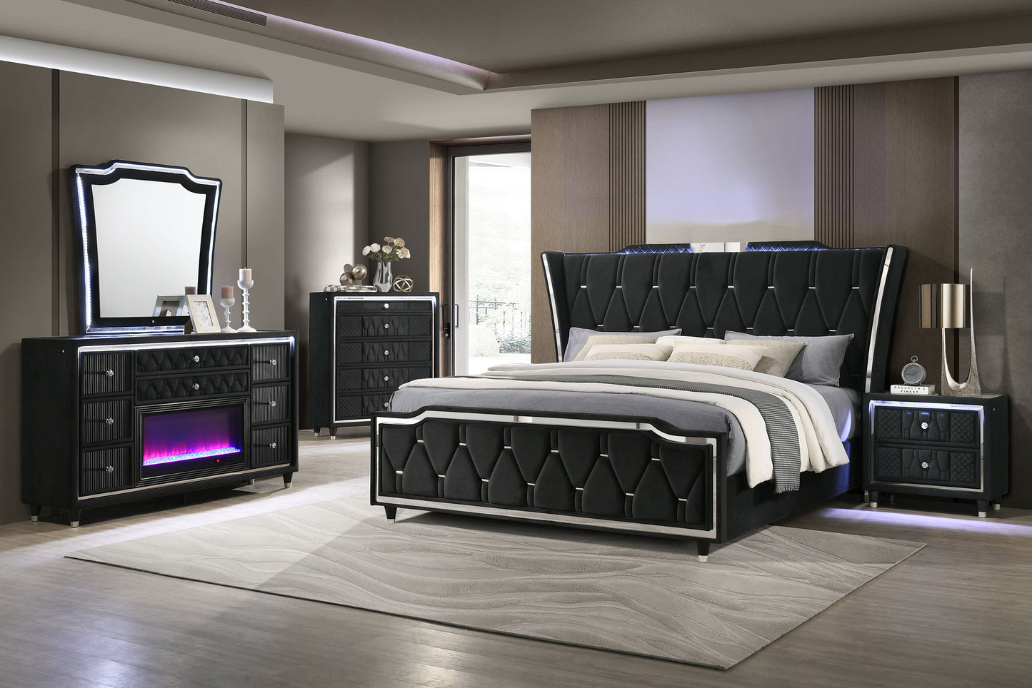 Lorient 8-drawer LED Bedroom Flame Box Dresser Black