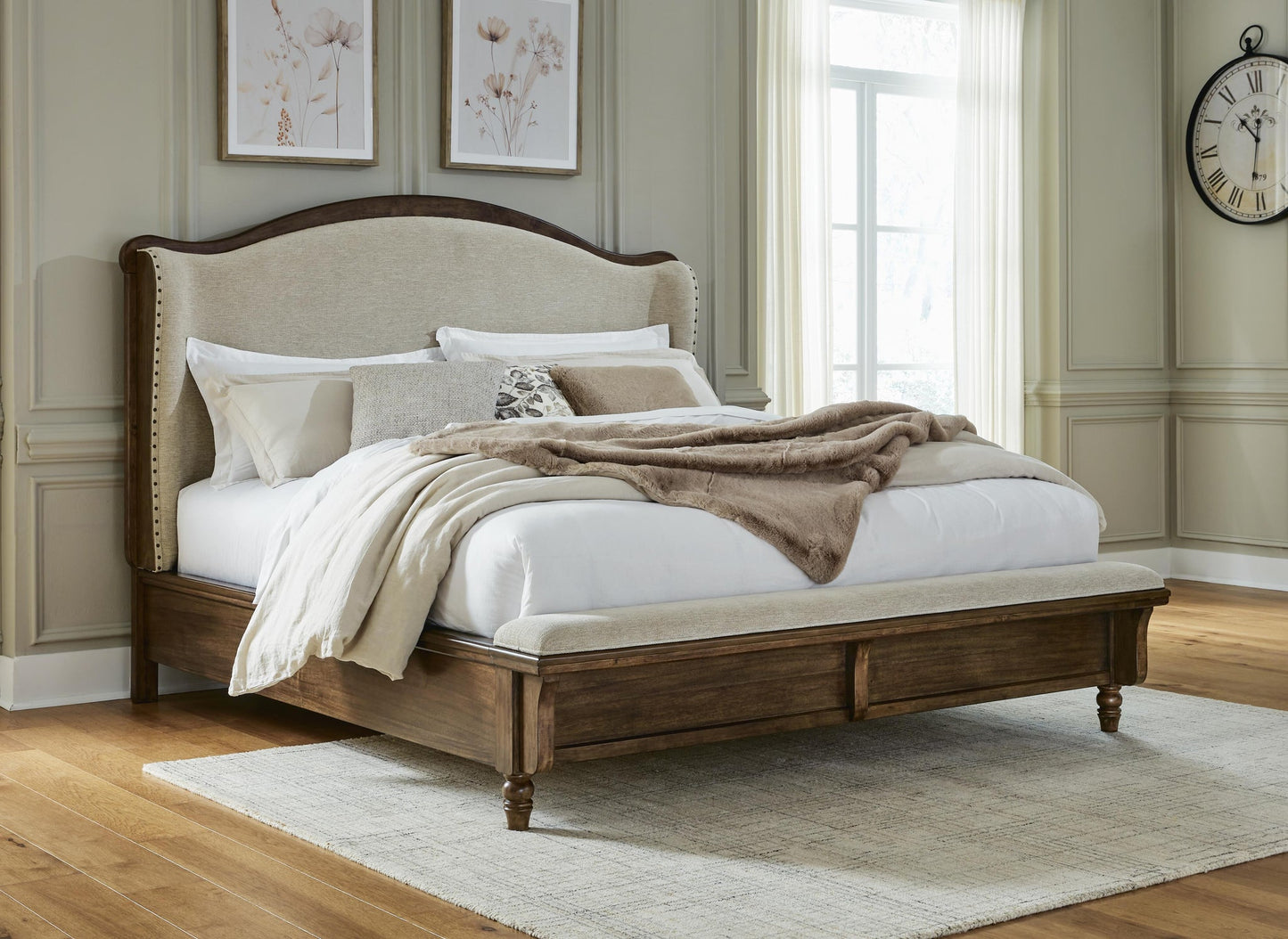 Sturlayne Queen Upholstered Panel Bed, Dresser, Mirror, Chest and Nightstand