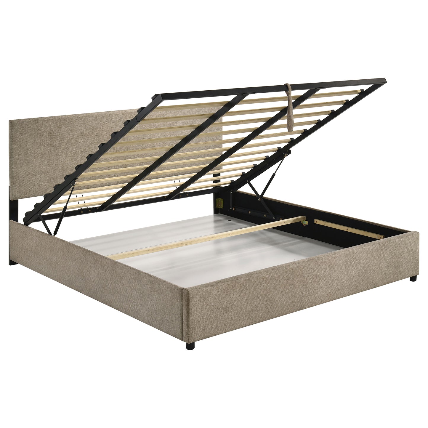 Reeves Upholstered Eastern King Lift-Top Storage Platform Bed Tan