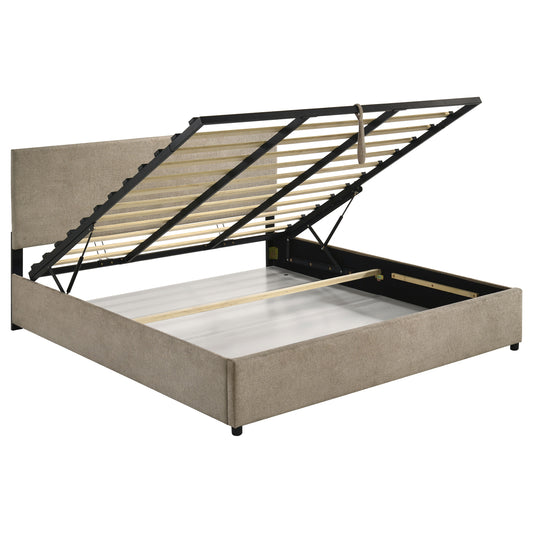 Reeves Upholstered Eastern King Lift-Top Storage Platform Bed Tan