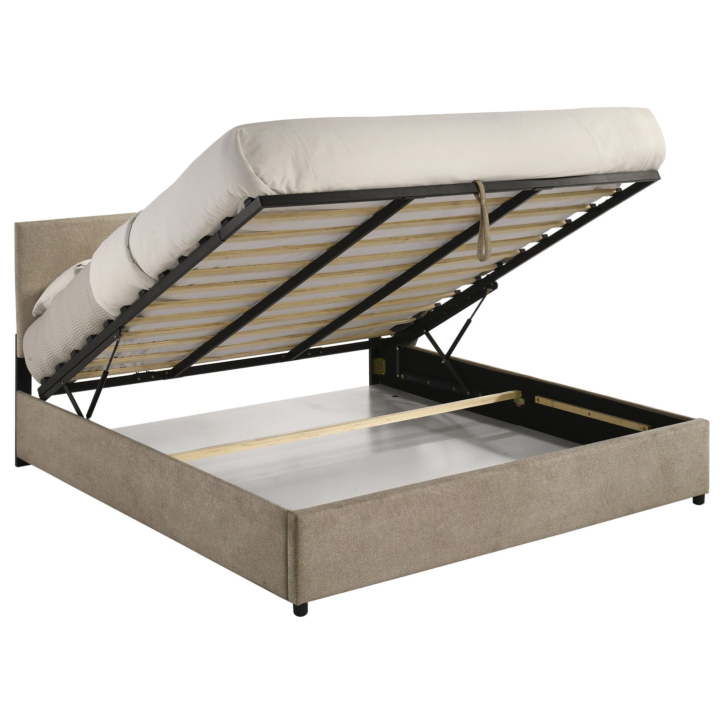 Reeves Upholstered Eastern King Lift-Top Storage Platform Bed Tan