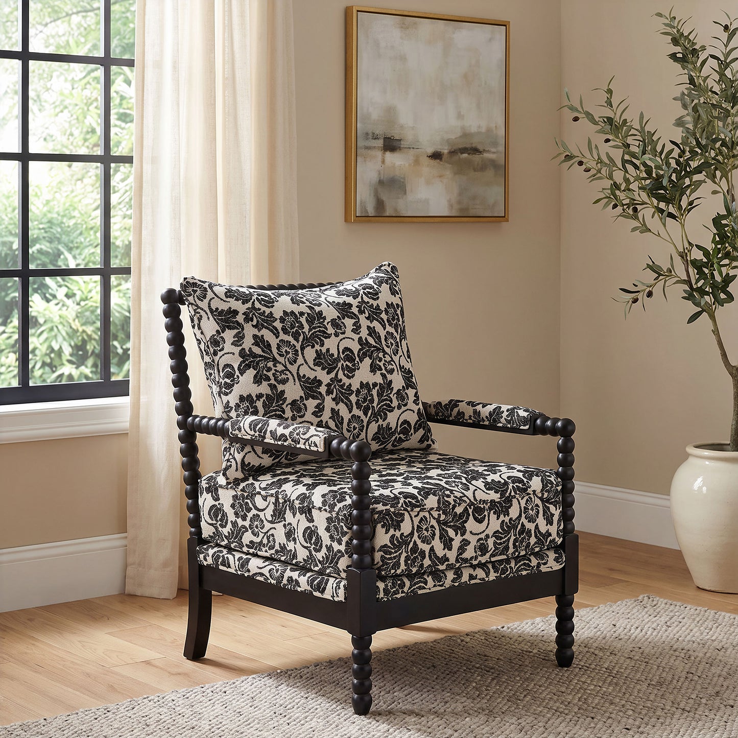 Blanchett Traditional Floral Upholstered Bobbin Accent Chair Black