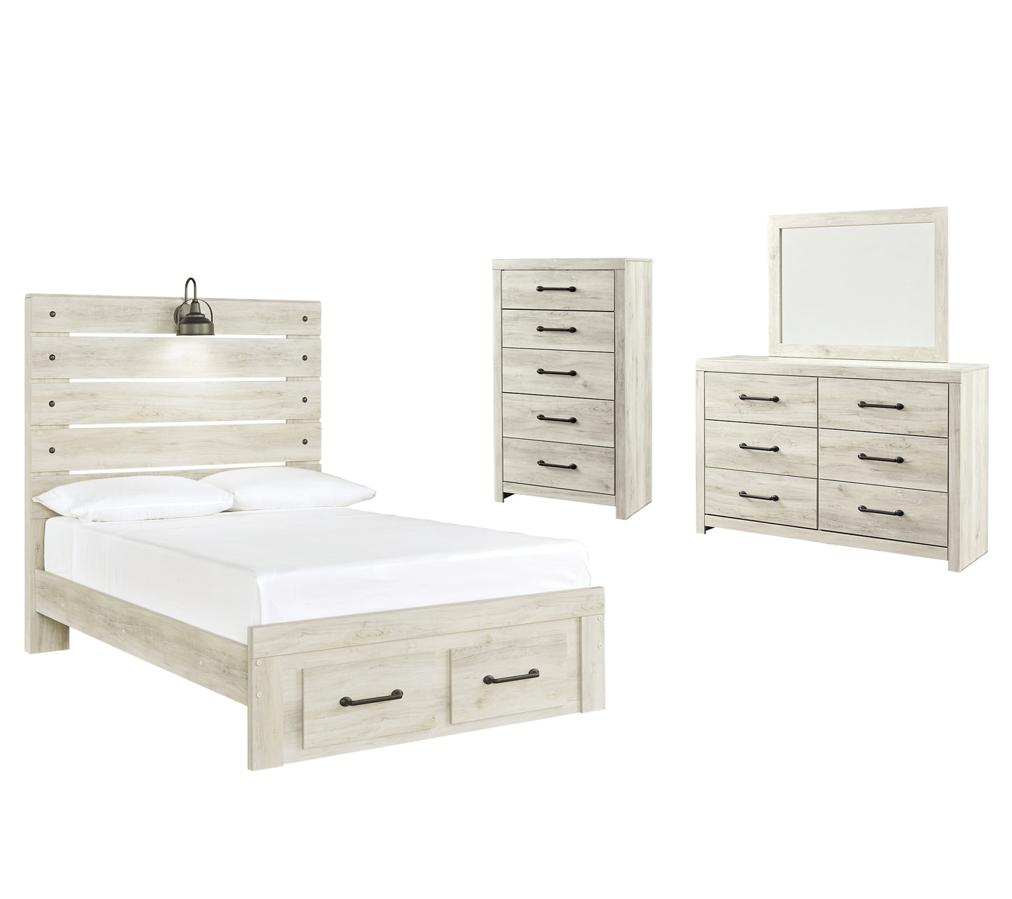 Cambeck  Panel Bed With 2 Storage Drawers With Mirrored Dresser And Chest