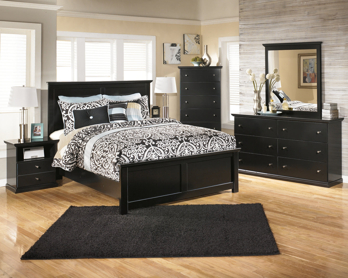 Maribel  Panel Bed With Mirrored Dresser And Chest