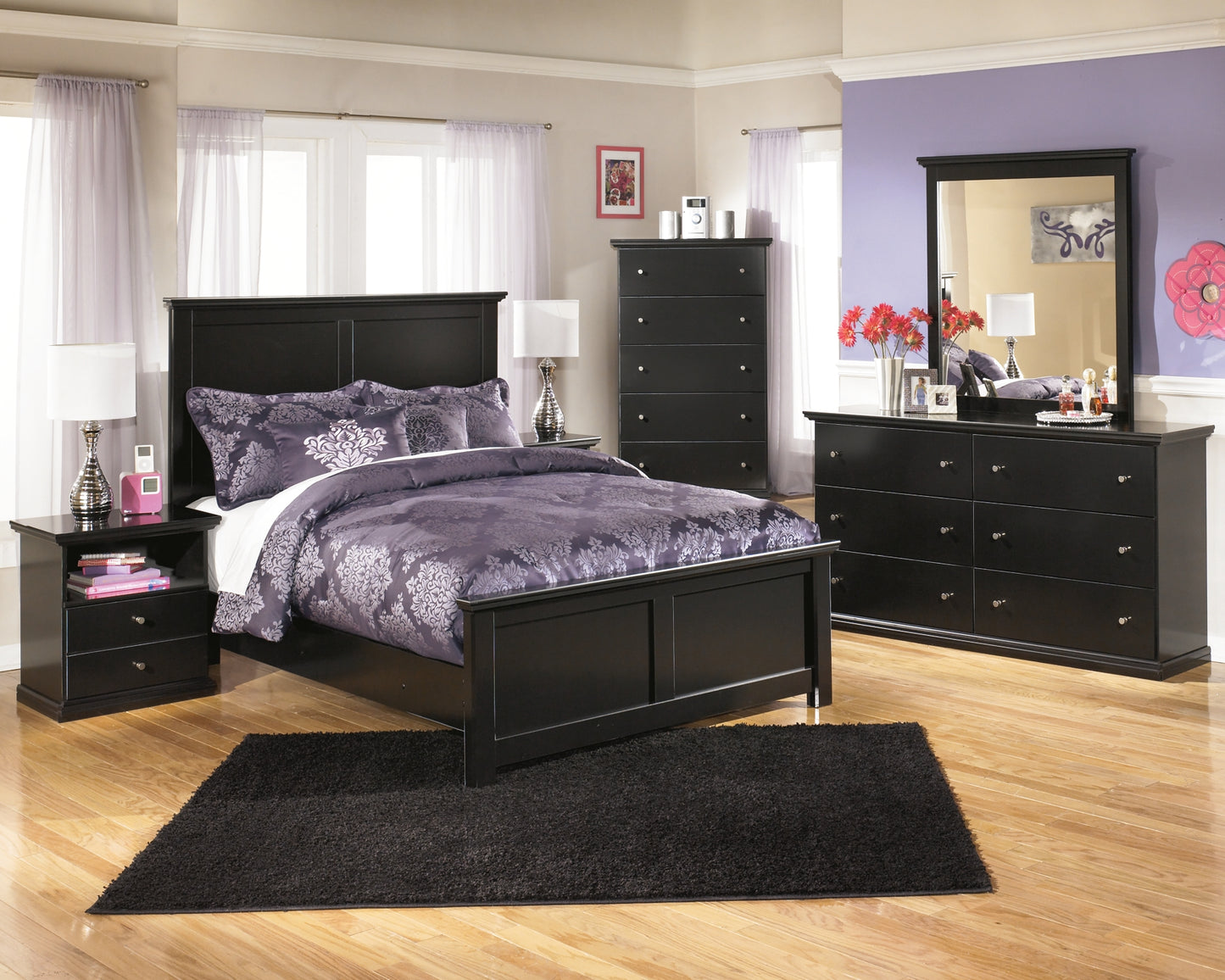 Maribel  Panel Bed With Mirrored Dresser, Chest And Nightstand