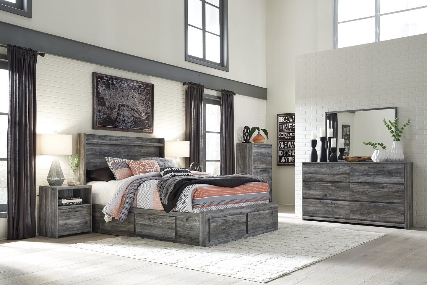 Baystorm King Panel Bed with 4 Storage Drawers with Dresser