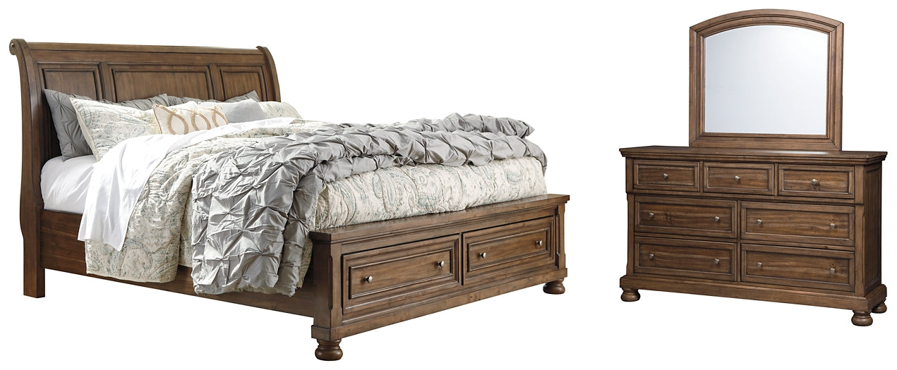 Flynnter  Sleigh Bed With 2 Storage Drawers With Mirrored Dresser