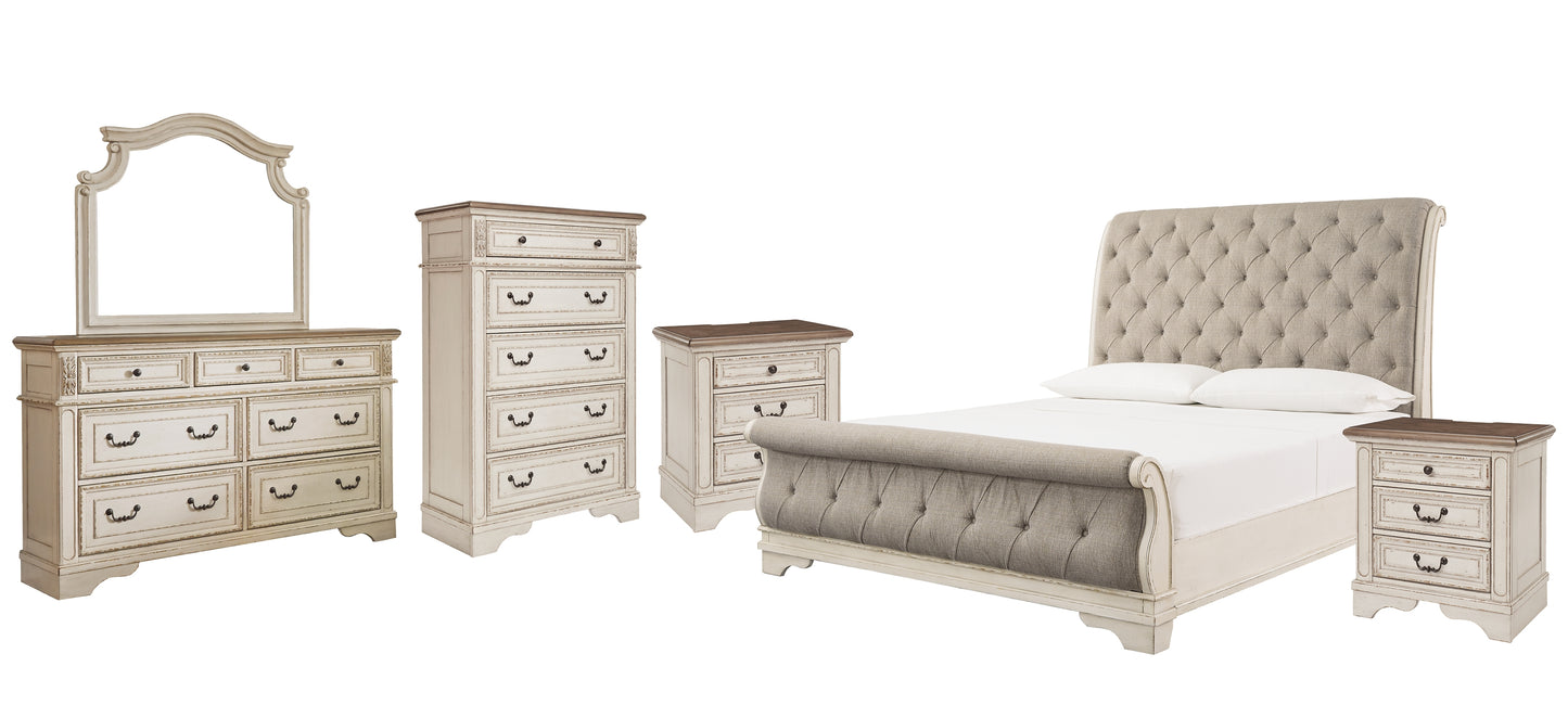 Realyn California King Sleigh Bed with Mirrored Dresser, Chest and 2 Nightstands