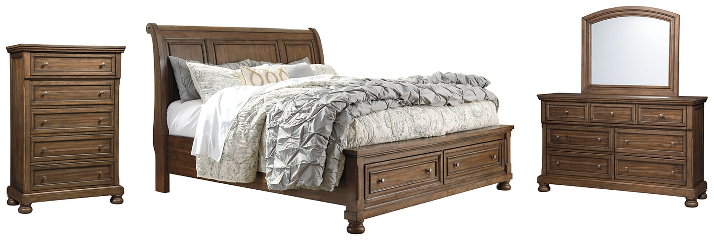 Flynnter  Sleigh Bed With 2 Storage Drawers With Mirrored Dresser And Chest