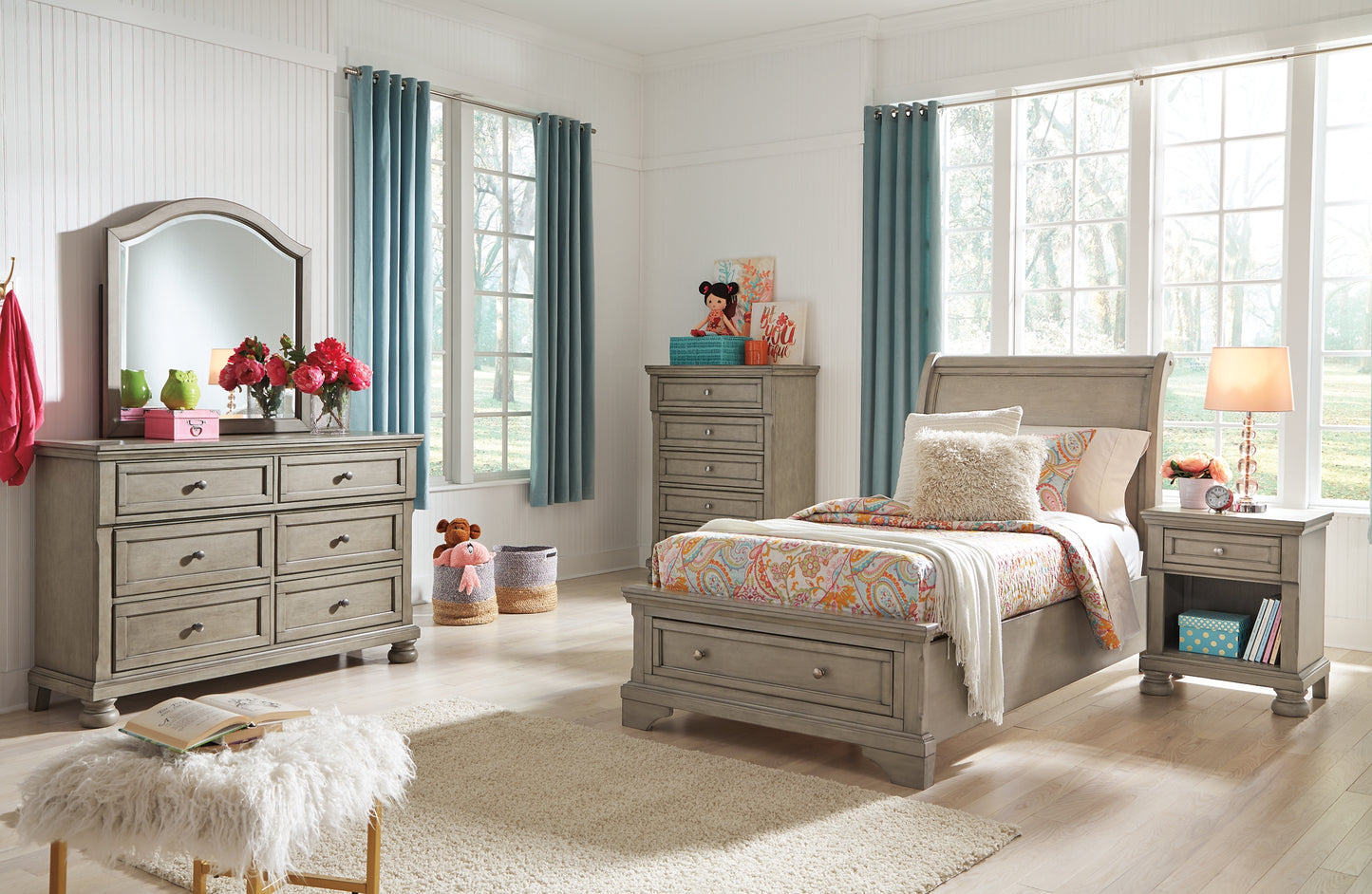 Lettner Twin Sleigh Bed with Mirrored Dresser, Chest and Nightstand