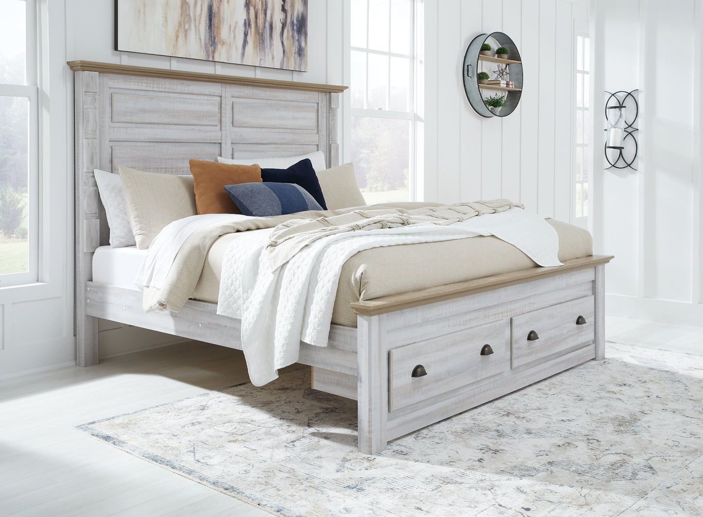 Haven Bay King Panel Storage Bed with Mirrored Dresser and 2 Nightstands