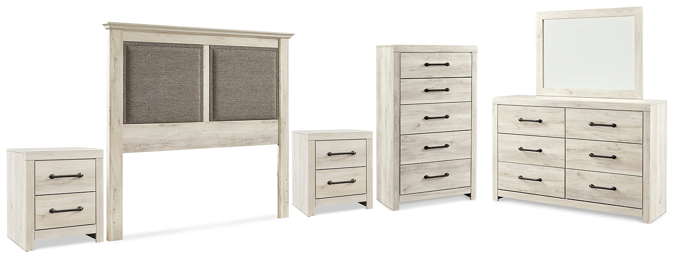 Cambeck Queen Upholstered Panel Headboard with Mirrored Dresser, Chest and 2 Nightstands