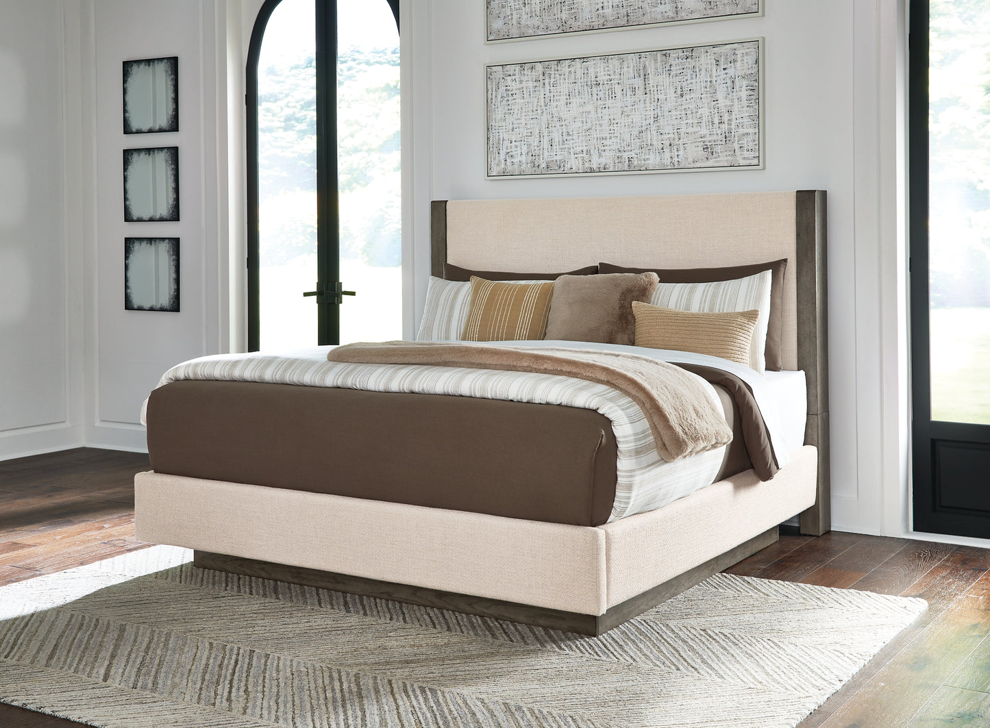Anibecca California King Upholstered Bed with Mirrored Dresser and 2 Nightstands