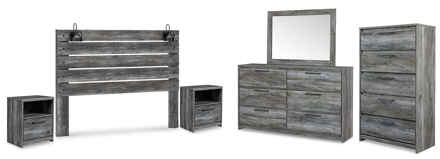 Baystorm King Panel Headboard with Mirrored Dresser, Chest and 2 Nightstands