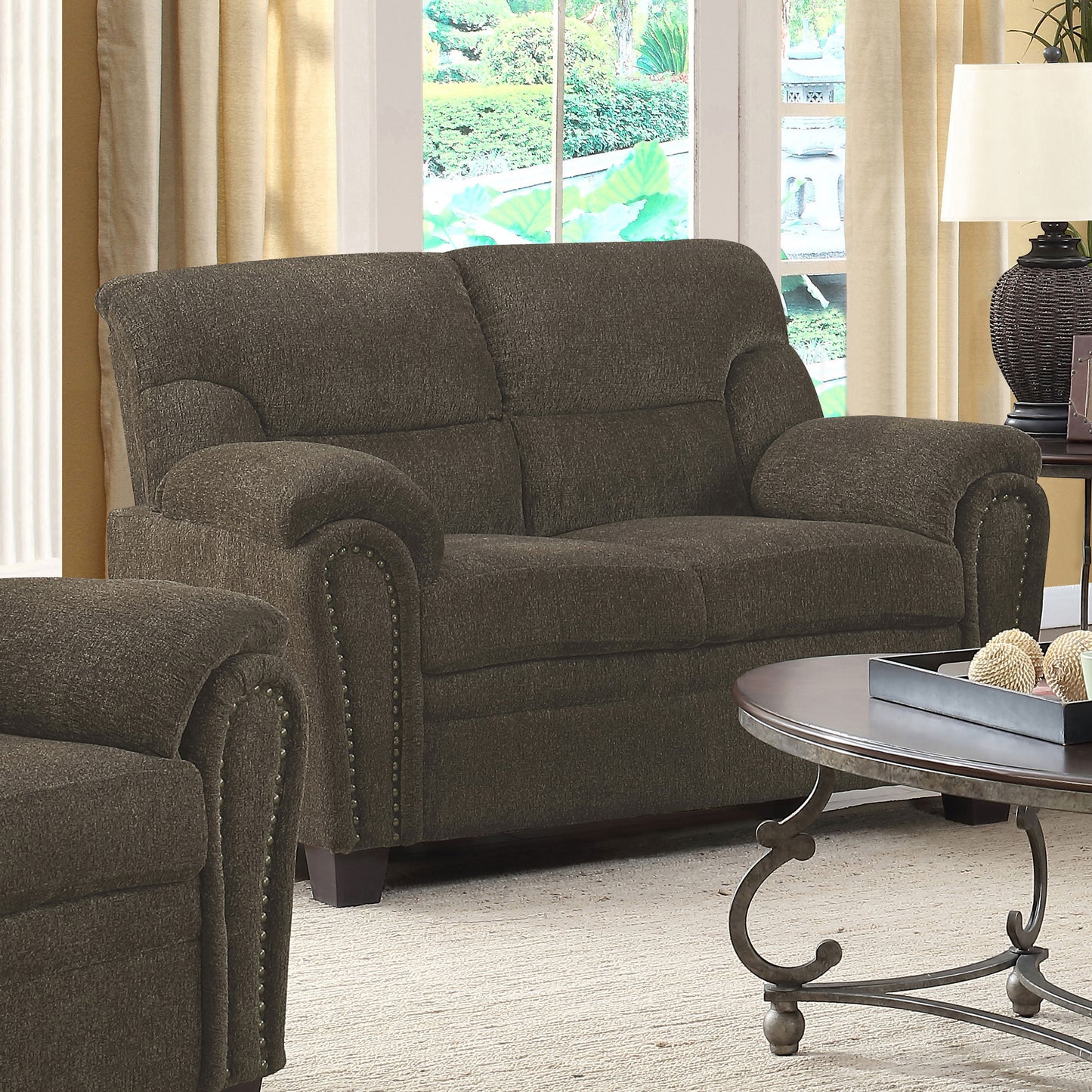 Clementine Upholstered Loveseat with Nailhead Trim Brown